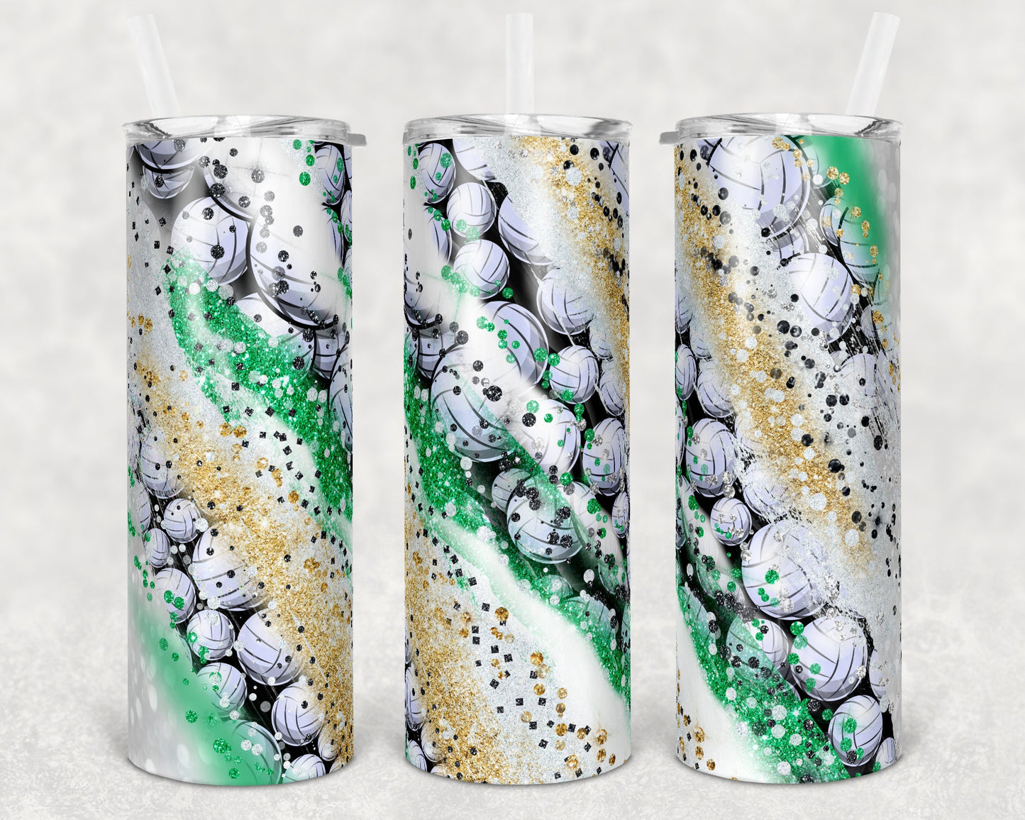 20 oz Skinny Tumbler Sublimation Template Milky Way Glitter Spo Volleyball Green Gold Straight Warped Design