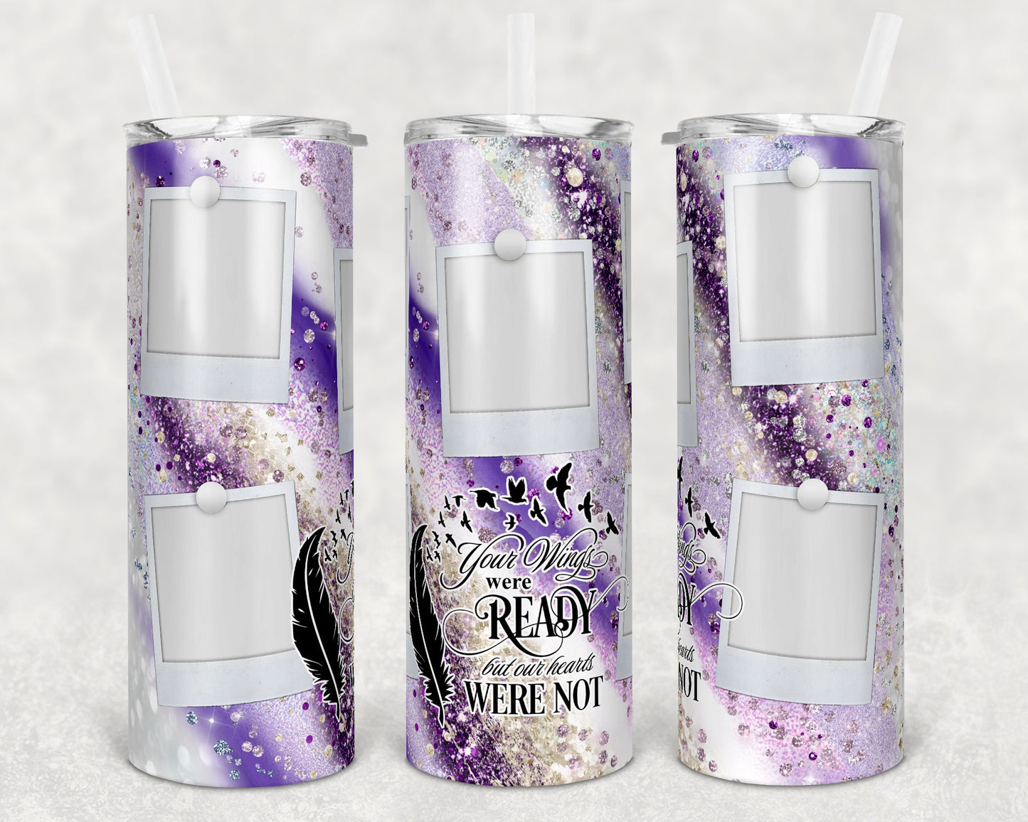 20 oz Skinny Tumbler Memorial Purple Milky way with photo Frames Wings Were Ready Sublimation Design