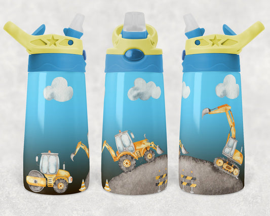 Kids water bottles Sublimation Design Template Construction Truck Design STRAIGHT and Warped