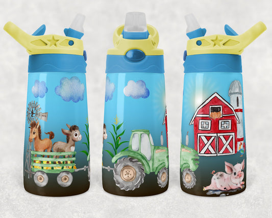 Kids water bottles Sublimation Design Template Tractor Farm Barn Design STRAIGHT and Warped