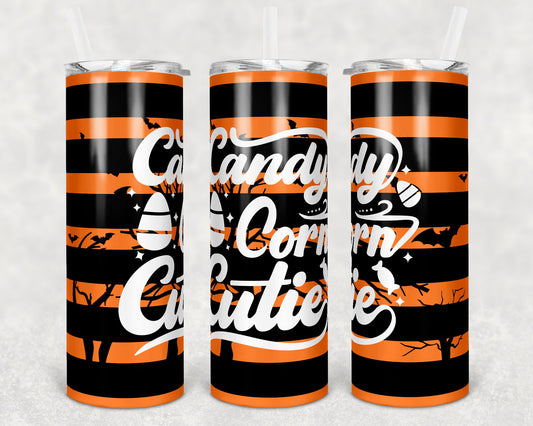 20 oz Skinny Tumbler Sublimation Design Striped Halloween Design Candy Corn Cutie