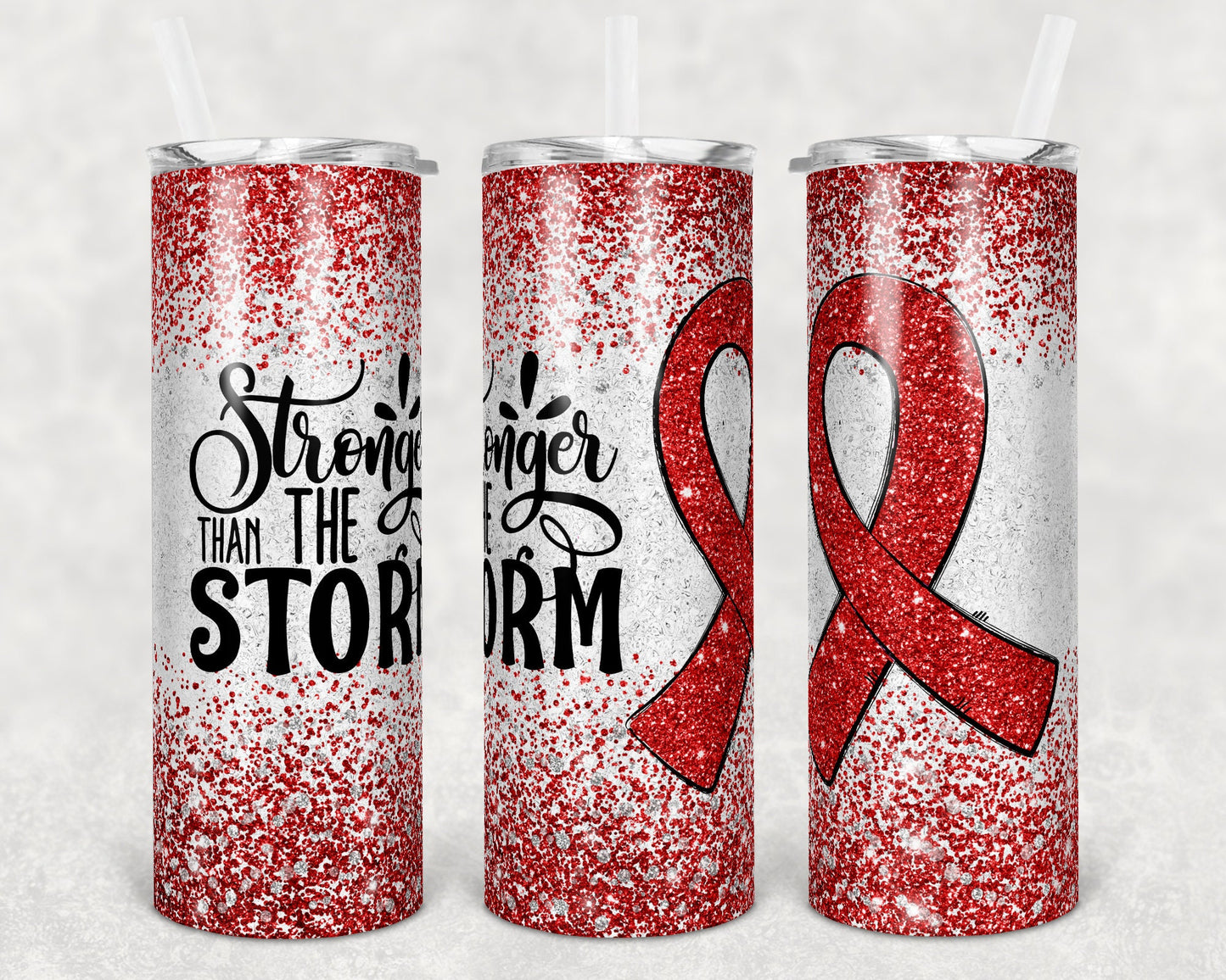 20 oz Skinny Tumbler Sublimation Glitter Darker Red Cancer heart Awareness Straight and Warped Design