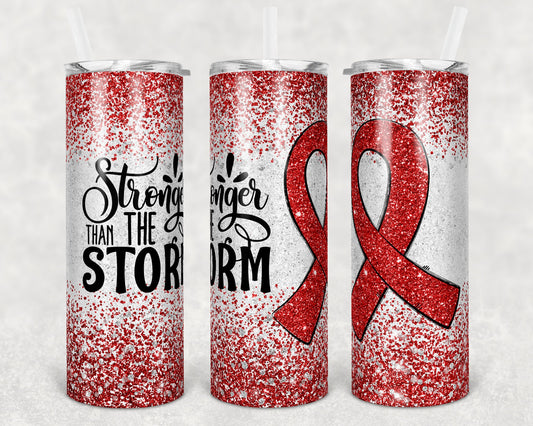 20 oz Skinny Tumbler Sublimation Glitter Darker Red Cancer heart Awareness Straight and Warped Design