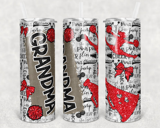 20 oz Skinny Tumbler Cheer Grandma Glitter Red and Black Sublimation Design Print Transfer