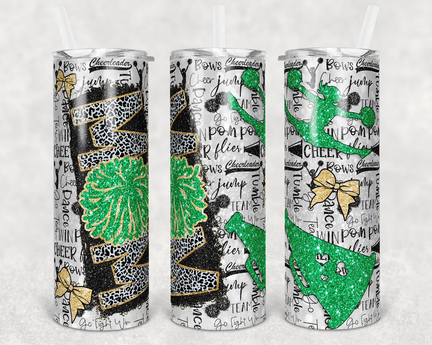 20 oz Skinny Tumbler Cheer Mom Glitter Green Gold Sublimation Design Print Transfer