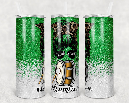 20 oz Skinny Tumbler Band Mom Glitter Green Music Drum Line Sublimation Design Template Design