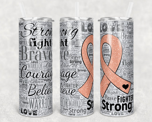 20 oz Skinny Tumbler Sublimation Glitter Awareness Ribbon Word Art breast Cancer Peach Straight Design tumblers