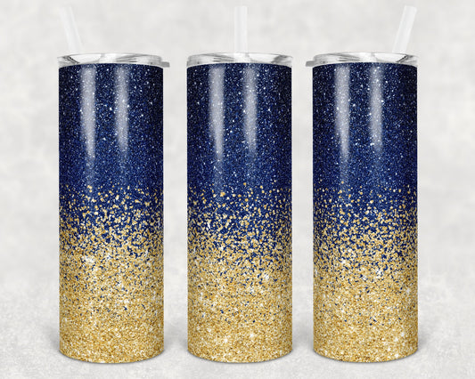 20 oz Skinny Tumbler Sublimation Design Template Glitter Ombre Navy Gold Color Straight Warped Design