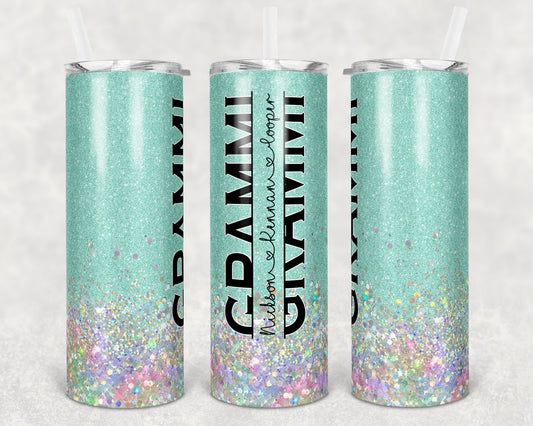 20 oz Skinny Tumbler Sublimation Design Glitter Mint Split Grammi Hollographic add names Straight Warped Design