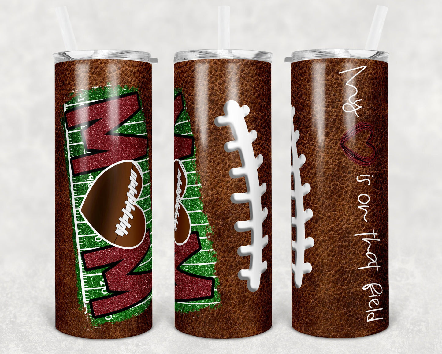 20 oz Skinny Tumbler Football Mom Heart on Field Leather Sublimation Design Template Design