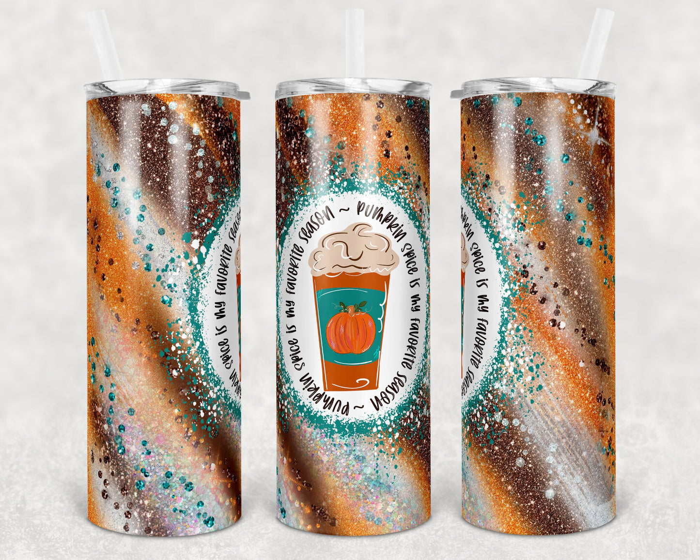20 oz Skinny Tumbler Sublimation Template Agate Milky Way Pumpkin Spice Season Orange Brown Teal Straight Warped Design