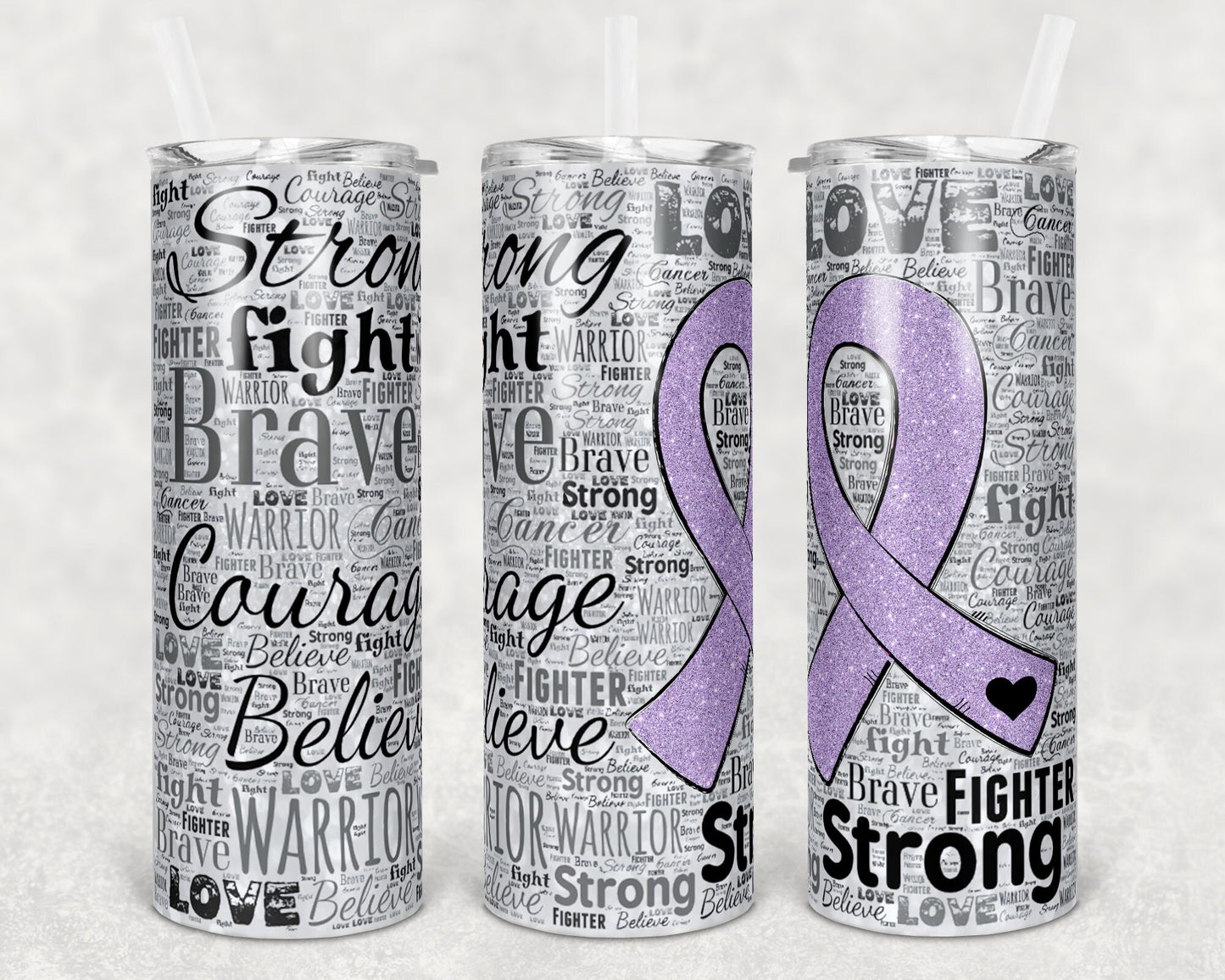 20 oz Skinny Tumbler Sublimation Glitter Awareness Ribbon Word Art Cancer Lavender Purple Straight Warped Design