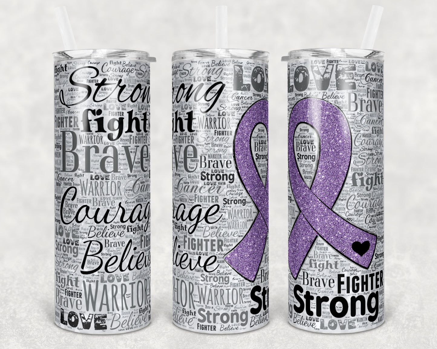 20 oz Skinny Tumbler Sublimation Glitter Awareness Ribbon Word Art Cancer Lavender Purple Straight Warped Design