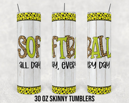 30 oz Skinny Tumbler Sublimation Design Template Softball All Day Every Day Straight Warped
