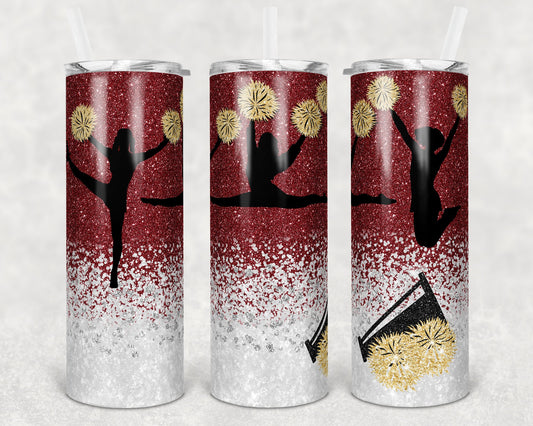 20 oz Skinny Tumbler Cheer Maroon Gold White Glitter Sublimation Design Print Transfer
