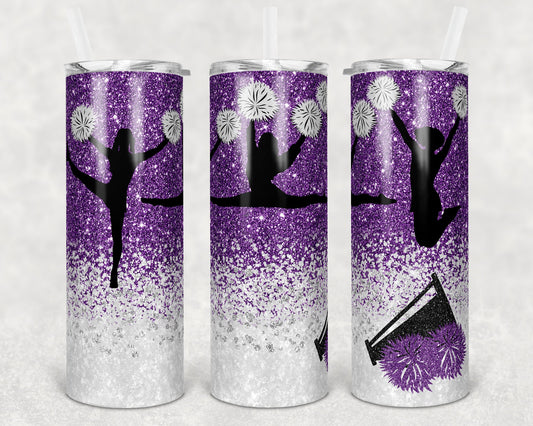 20 oz Skinny Tumbler Cheer Purple White Glitter Sublimation Design Print Transfer