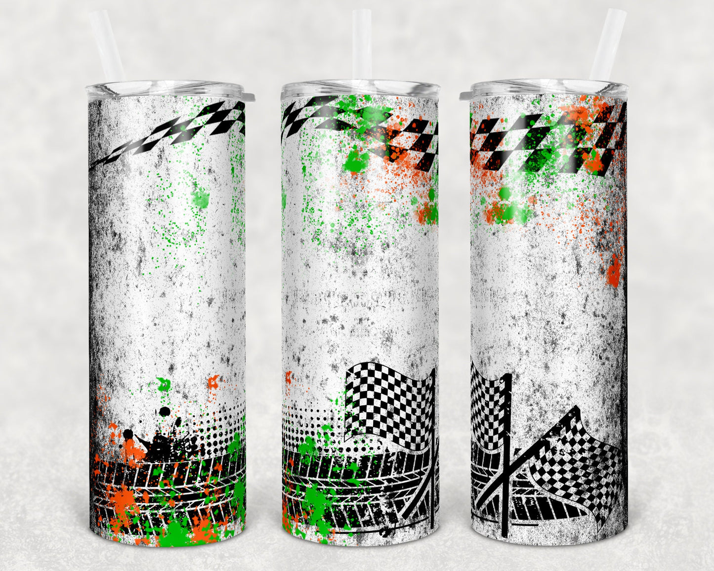 20 oz Skinny Tumbler Sublimation Design Racing Race Orange Green Splatter Checkered Tumbler