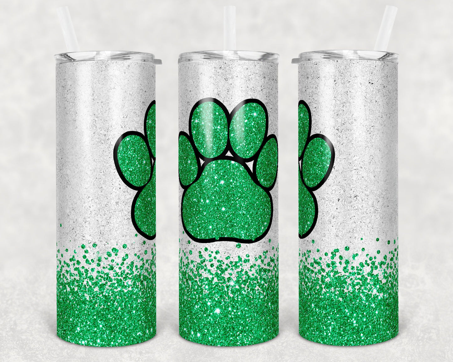 20 oz Skinny Tumbler Sublimation Template Green Glitter Paw Straight and Warped Design