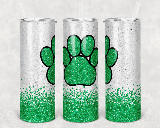 20 oz Skinny Tumbler Sublimation Template Green Glitter Paw Straight and Warped Design