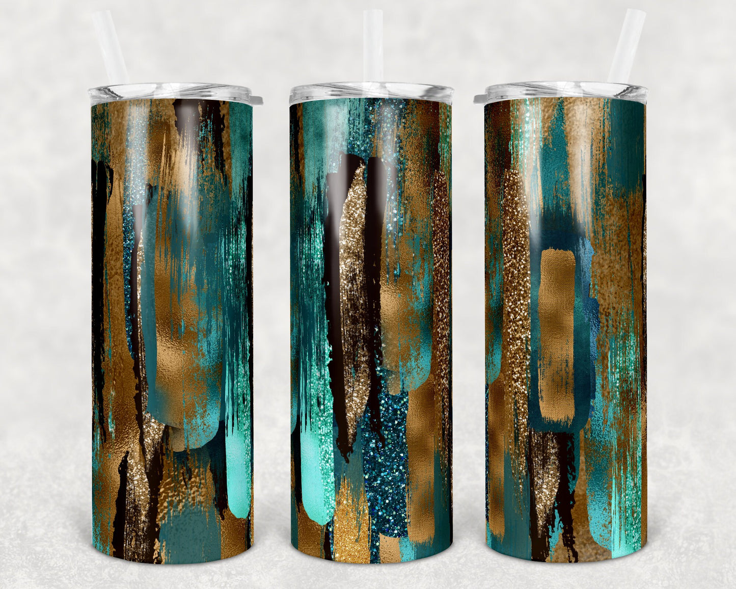 20 oz Skinny Tumbler Sublimation Teal and Gold Brush Strokes Design