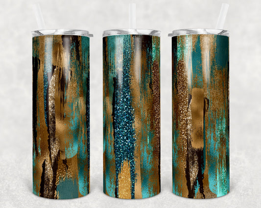 20 oz Skinny Tumbler Sublimation Teal and Gold Brush Strokes Design