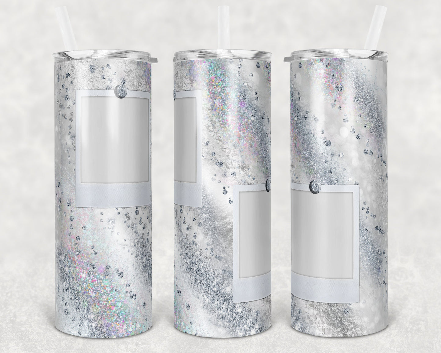 20 oz Skinny Tumbler with 2 Pictures Photo White Silver Glitter Milkyway Sublimation Design