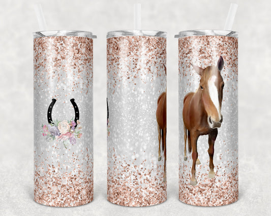 20 oz Skinny Tumbler Sublimation Glitter Horse horseshoe add your own text to personalize Straight Design tumblers