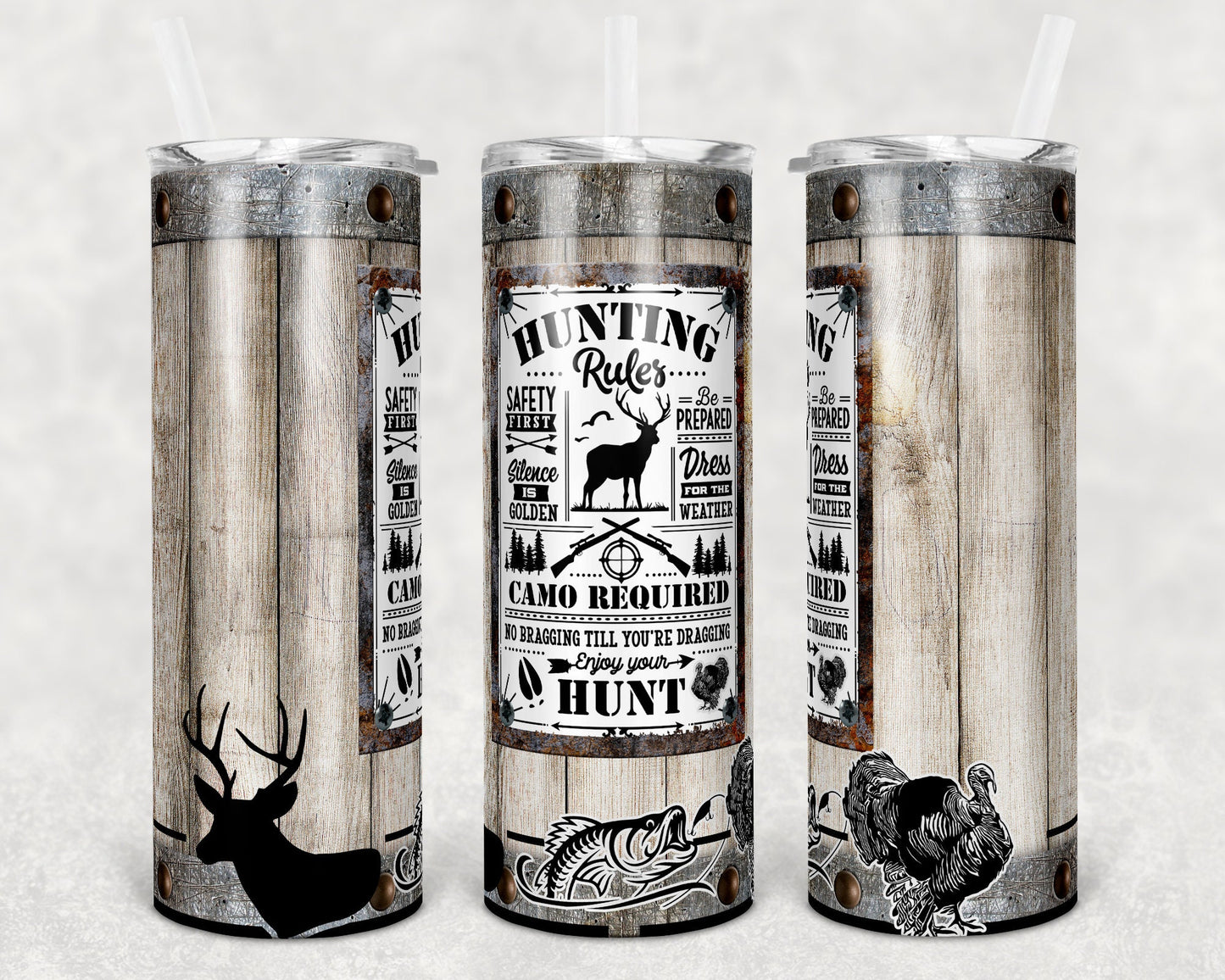 20 oz Skinny Tumbler Wood Vintage Sign Hunting Rules Deer Turkey Fish Camo Hunt Sublimation Design