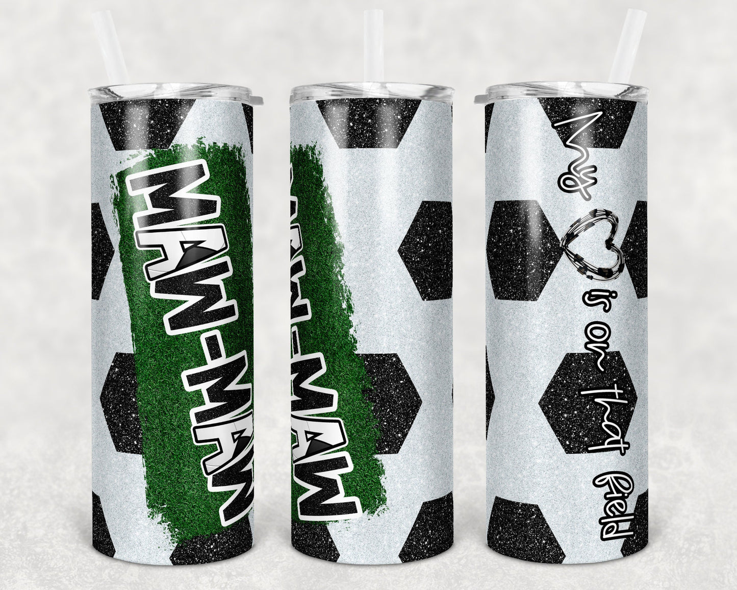 20 oz Skinny Tumbler Soccer Maw Maw Heart on Field Glitter Sublimation Design Template Design