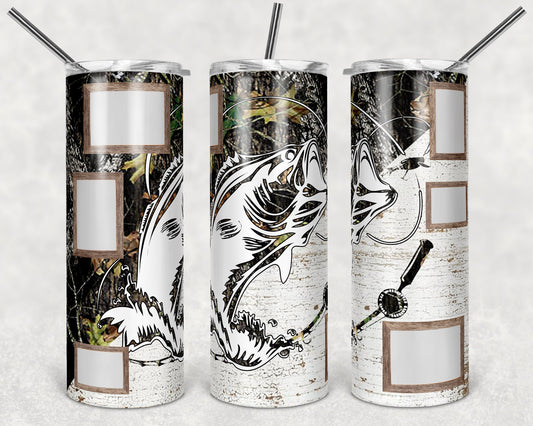 20 oz Skinny Tumbler Camo Bass Fishing with 6 photo frames Sublimation Design Print Transfer