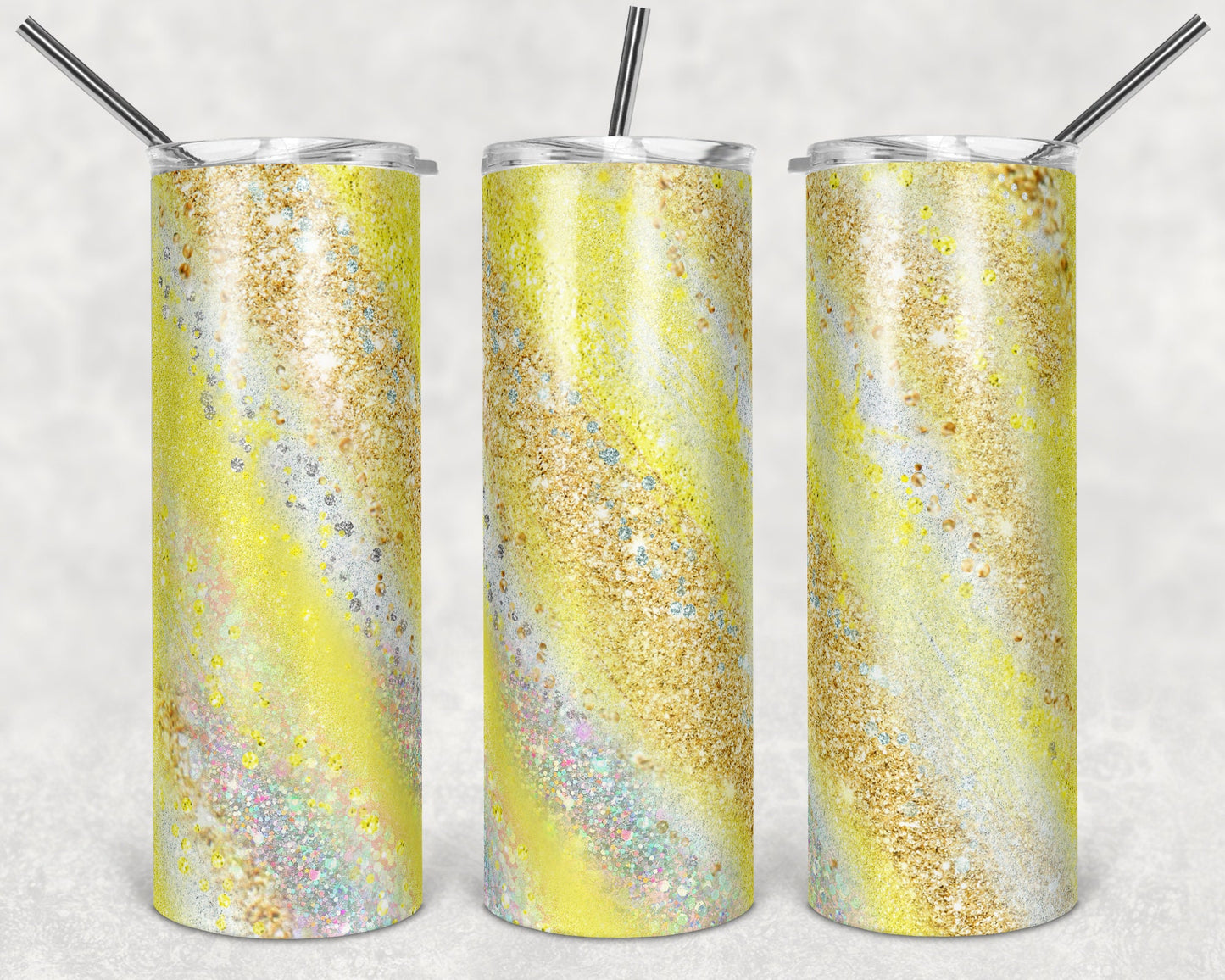 20 oz Skinny Tumbler Sublimation Template Agate Milky Way Glitter Gold Yellow Straight and Warped Design tumblers