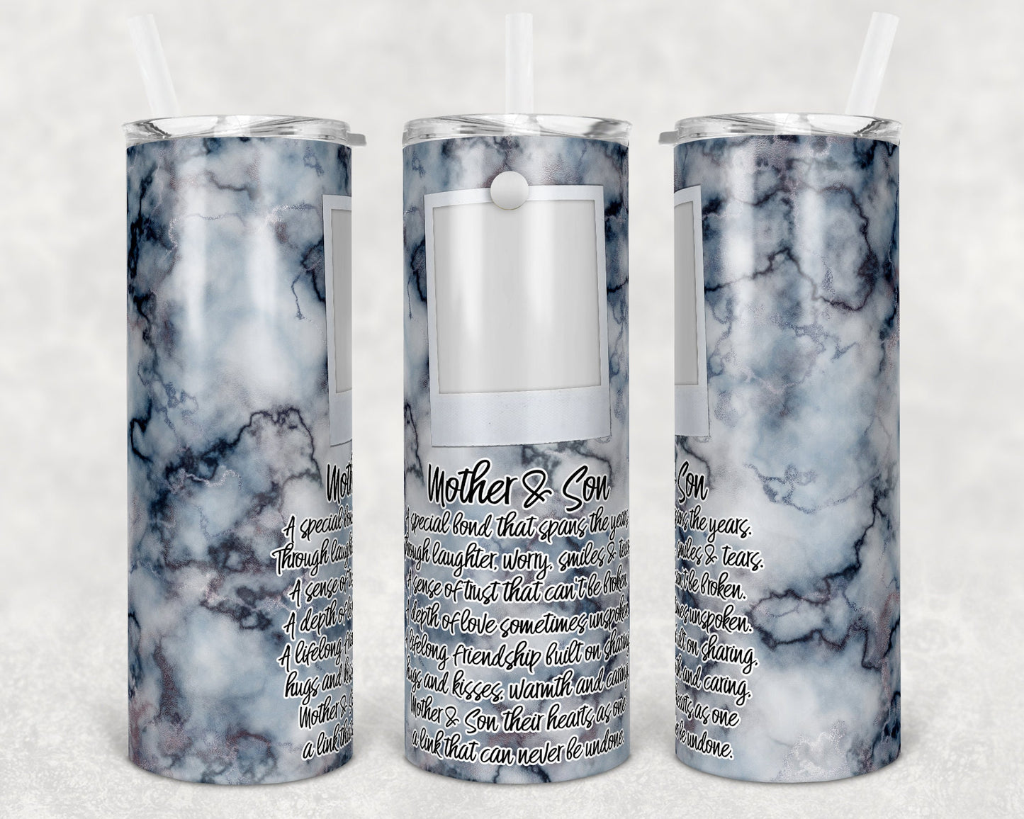 20 oz Skinny Tumbler Picture Frame Seamless Mother Son Marble Sublimation Design