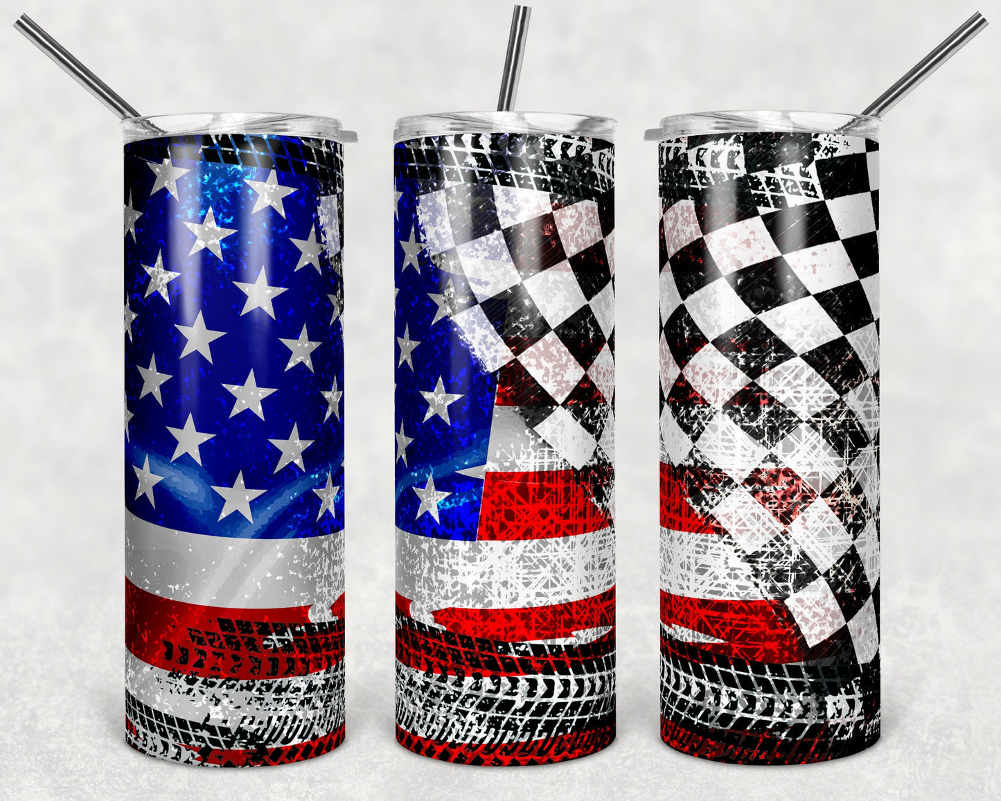 20 oz Skinny Tumbler Sublimation Design Racing Checkered Flag Patriotic flag Racing Tumbler