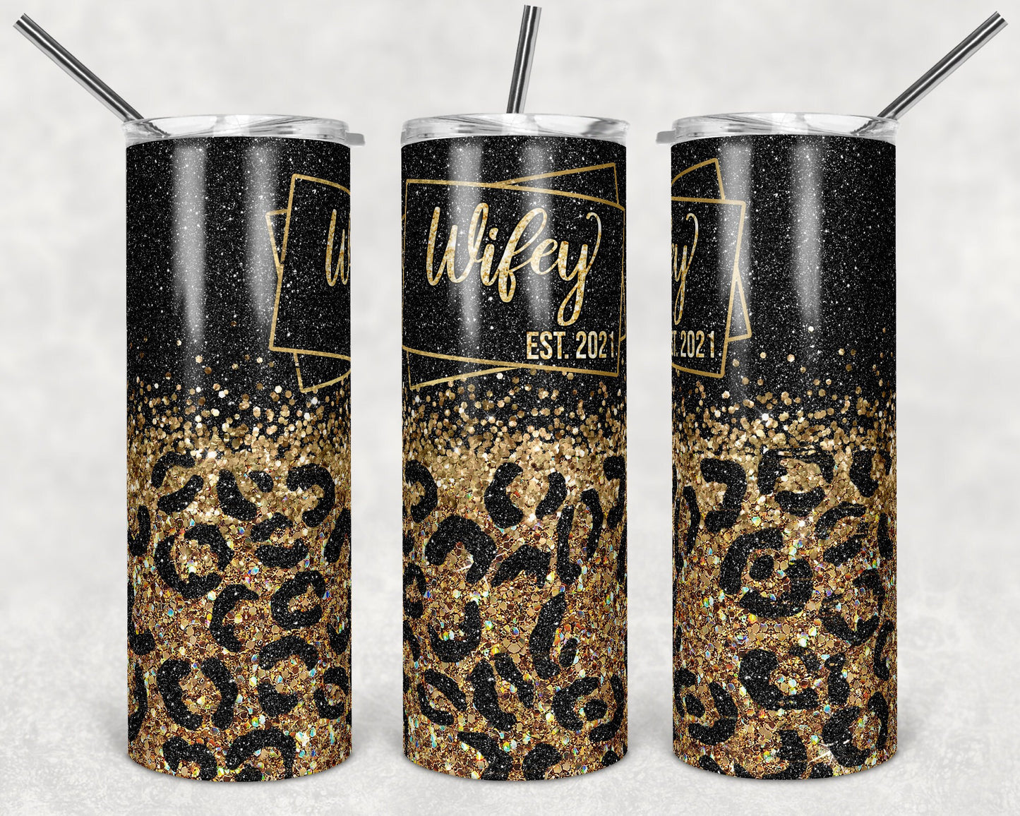 20 oz Skinny Tumbler Sublimation Design Template Glitter Gold Black Leopard Wifey Straight Warped Design