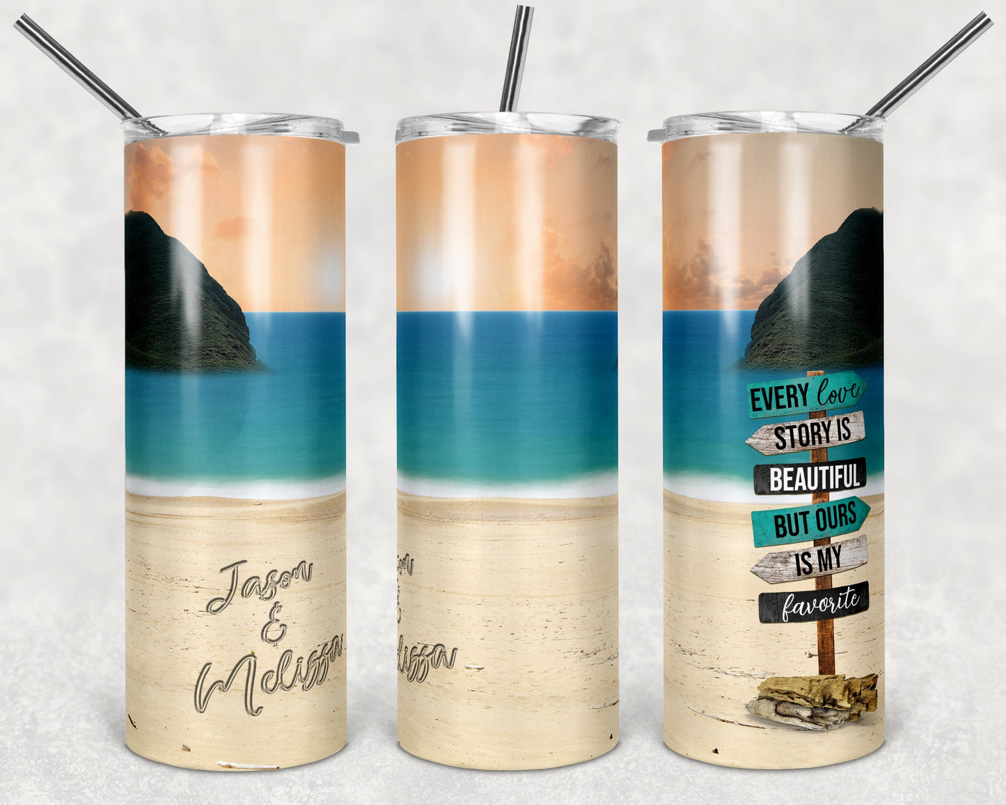 20 oz Skinny Tumbler Sublimation Design Template Beach Ocean Directional Sign Every Love Story is Beautiful and blank