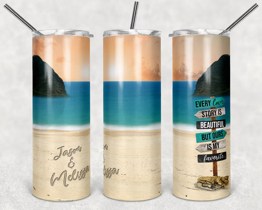 20 oz Skinny Tumbler Sublimation Design Template Beach Ocean Directional Sign Every Love Story is Beautiful and blank