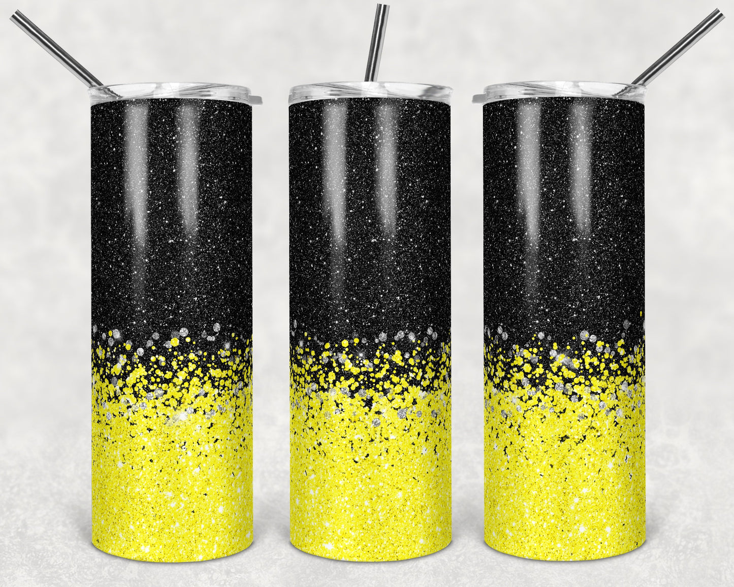 20 oz Skinny Tumbler Sublimation Design Template Glitter Bright Yellow Black Background Straight Warped Design