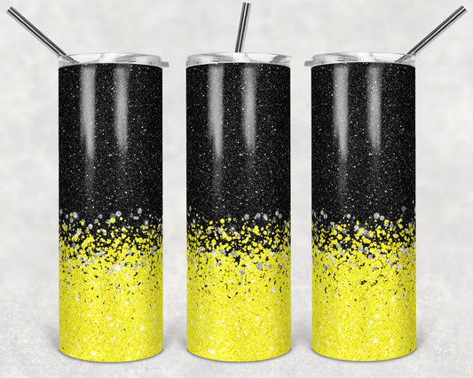 20 oz Skinny Tumbler Sublimation Design Template Glitter Bright Yellow Black Background Straight Warped Design