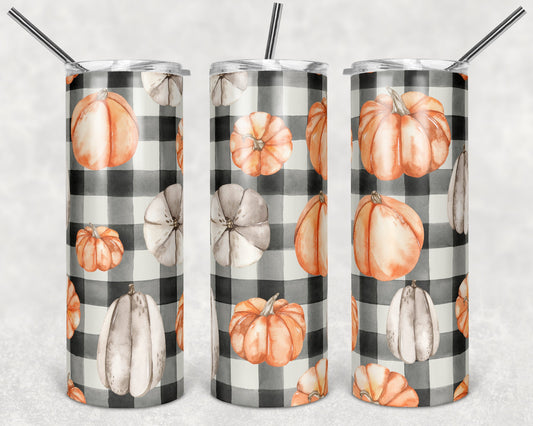 20 oz Skinny Tumbler Sublimation Fall Plaid Pumpkins Design Template Straight and Warped