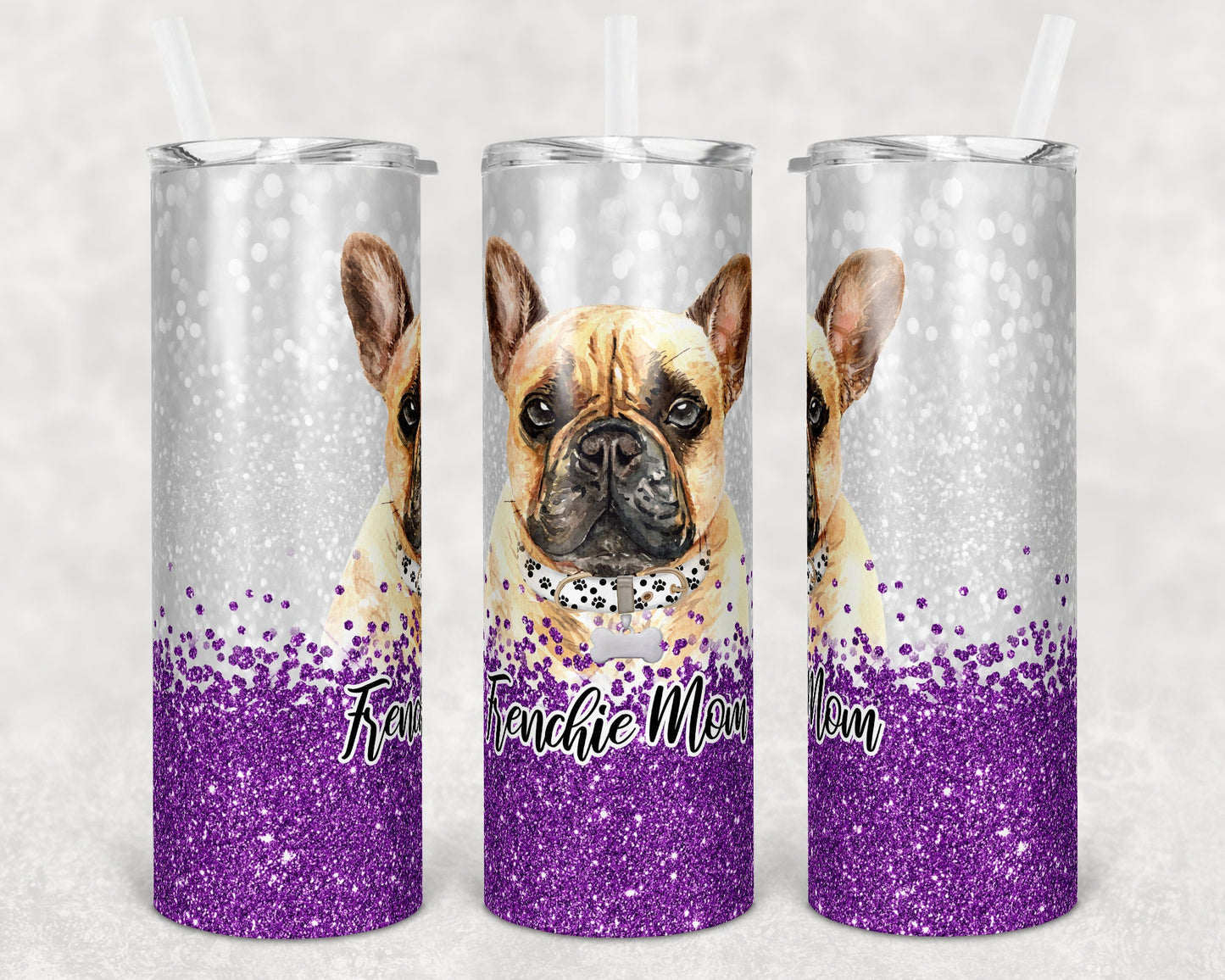 20 oz Skinny Tumbler Sublimation Frenchie Dog Mom Glitter Purple Template Straight Warped Mothers Day Dog Mama
