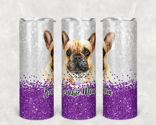 20 oz Skinny Tumbler Sublimation Frenchie Dog Mom Glitter Purple Template Straight Warped Mothers Day Dog Mama