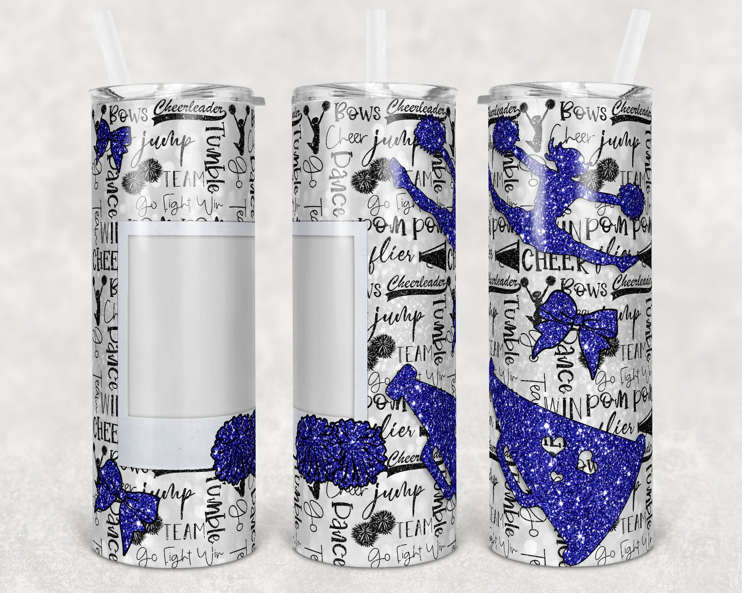 20 oz Skinny Tumbler Cheer Photo Faux Glitter Blue Black Sublimation Design