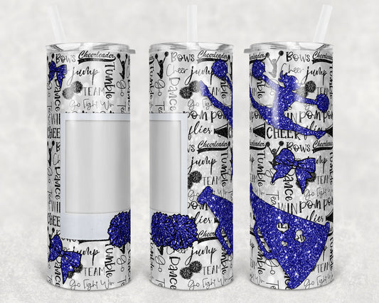 20 oz Skinny Tumbler Cheer Photo Faux Glitter Blue Black Sublimation Design