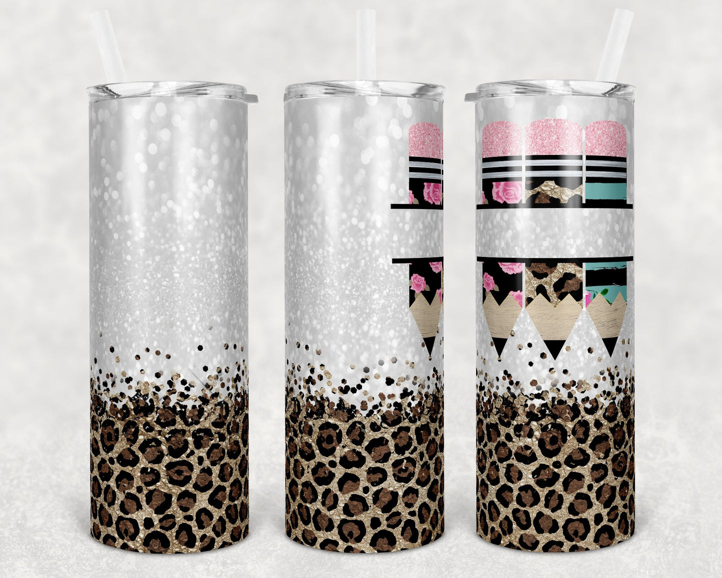 20 oz Skinny Tumbler Holo White Glitter Teacher Tumbler Pencil Monogram Teacher Add Quote Sublimation Design