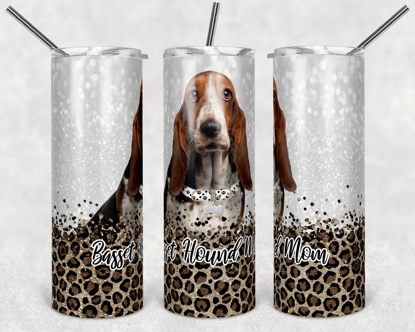 20 oz Skinny Tumbler Sublimation Basset Hound Dog Mom Glitter and Leopard Template Straight Warped