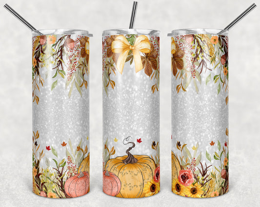 20 oz Skinny Tumbler Sublimation Fall Floral Glitter Farmhouse Pumpkin Design Template Straight and Warped
