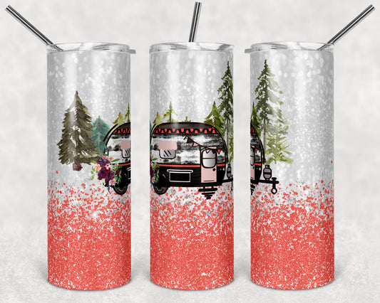 20 oz Skinny Tumbler Camper Coral Glitter Trailer Sublimation Design Print Transfer