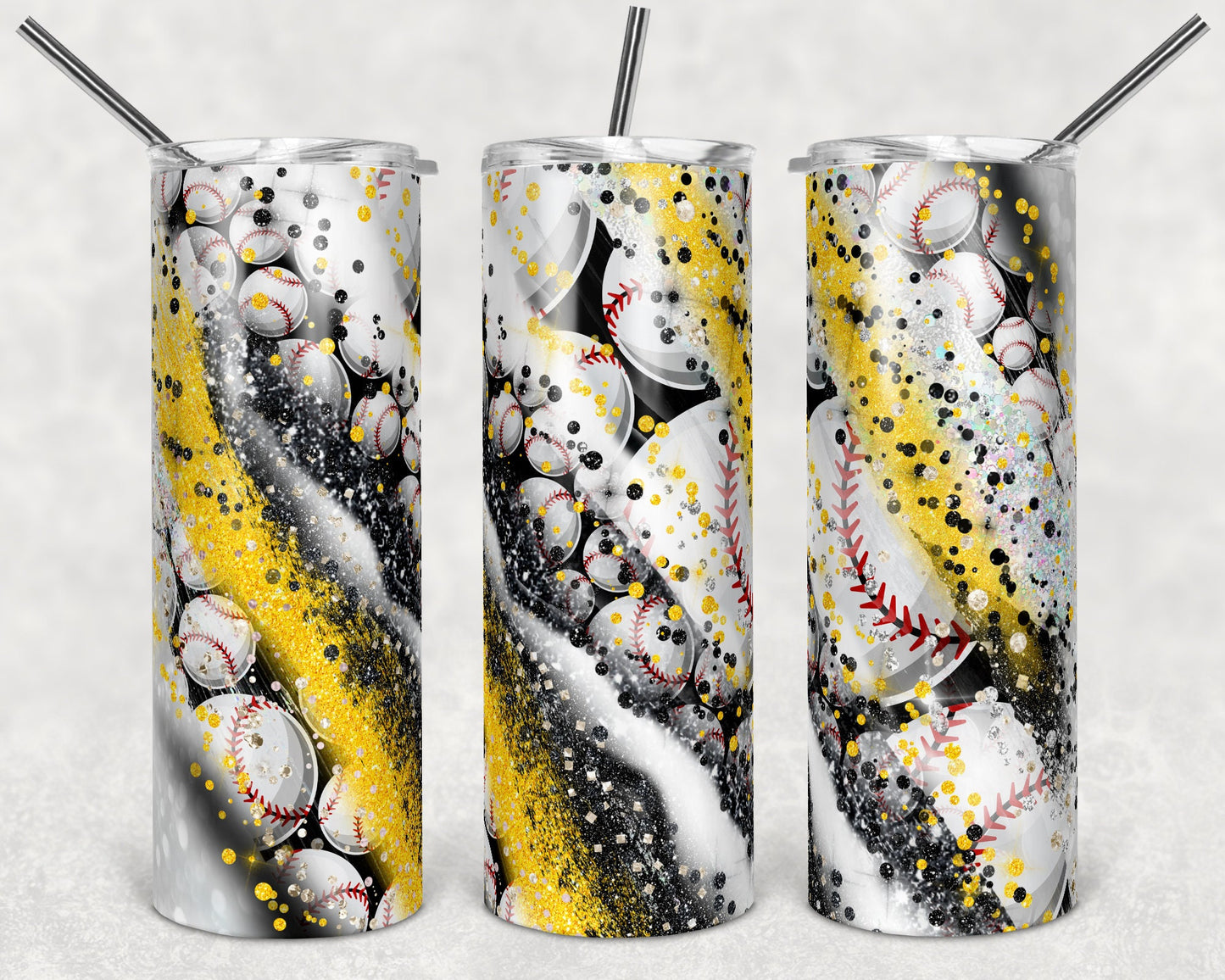 20 oz Skinny Tumbler Sublimation Template Milky Way Glitter Gold Black Sport Baseball Straight Warped Design tumblers