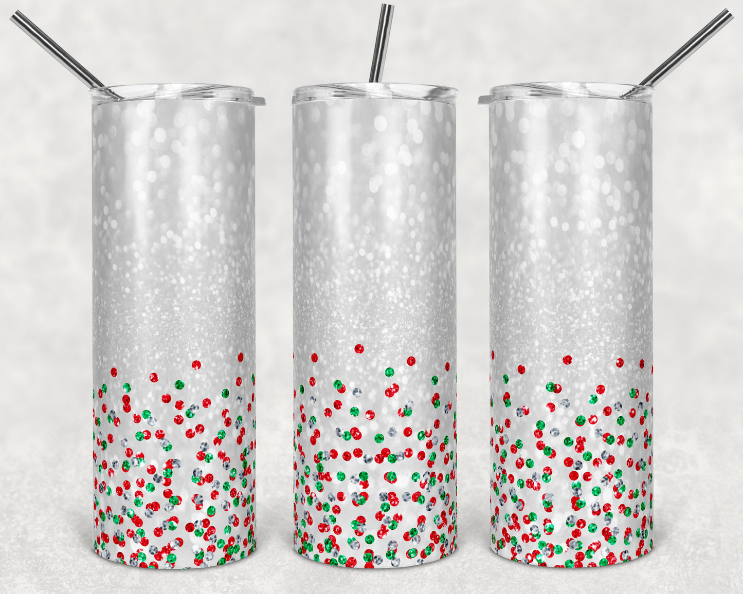 20 oz Skinny Tumbler Sublimation Design Template Glitter Confetti Red Green Christmas Colors Straight Design