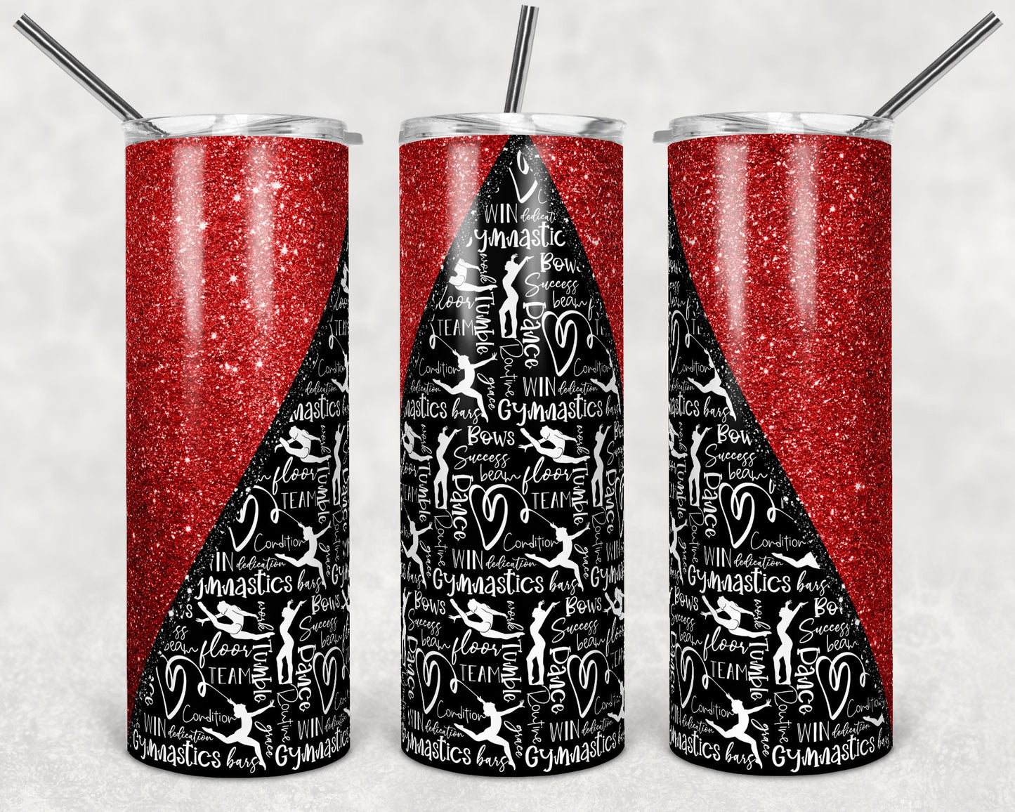 20 oz Skinny Tumbler Sublimation Design Template Gymnastics Glitter V Red Straight Design